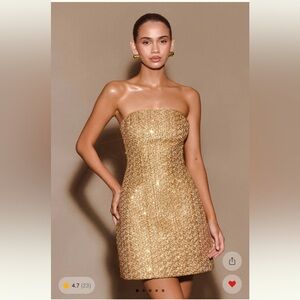 Meshki tweed gold mini strapless dress